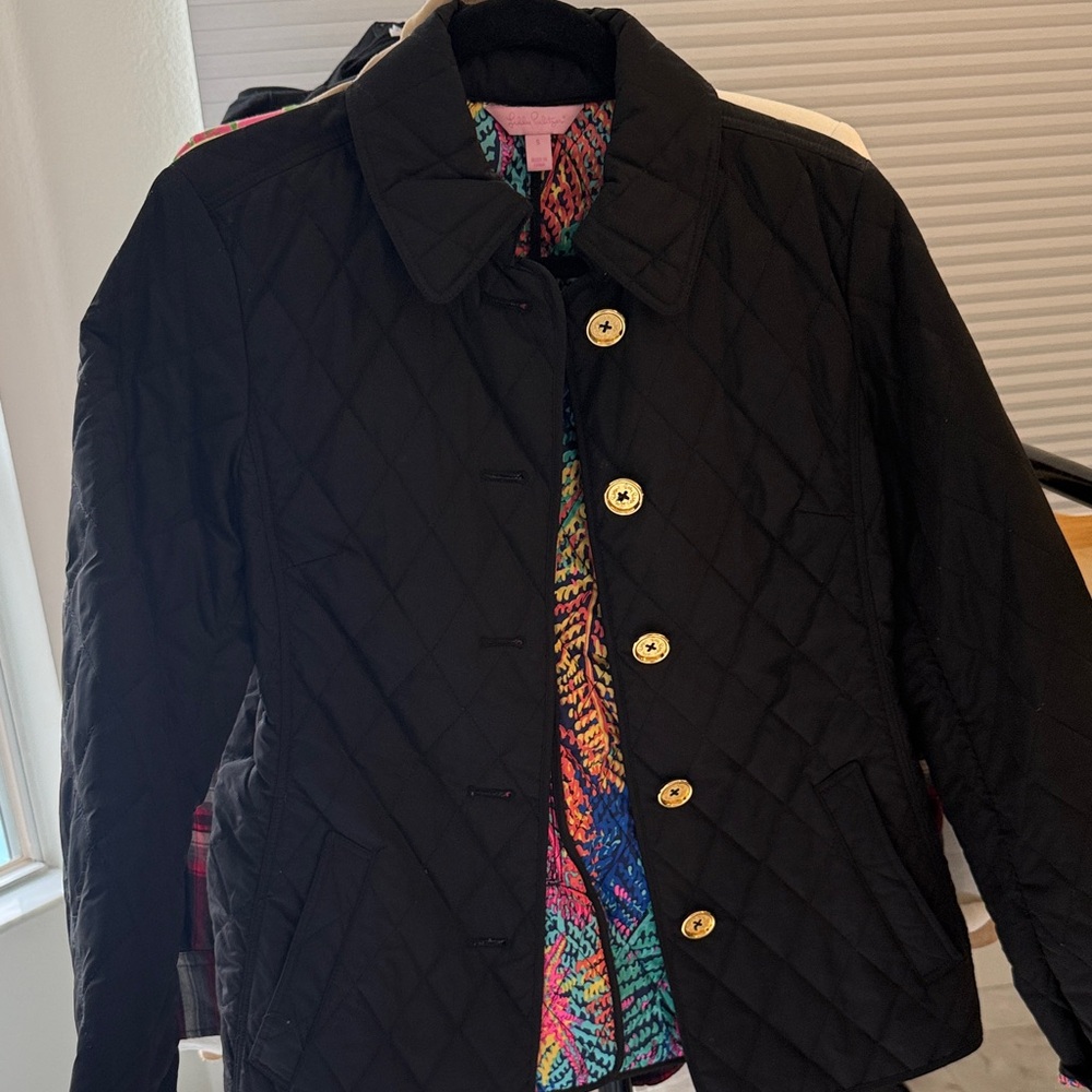 Lilly Pulitzer Black Quilted Puffer Jacket with Gold Buttons